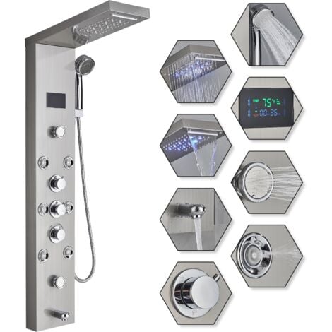Colonne de Douche Hydromassante pour baignoire 6 en 1 avec LED Colonne Douche Hydromassage Brossée Acier Inoxydable Système de Panneau de Douche mural