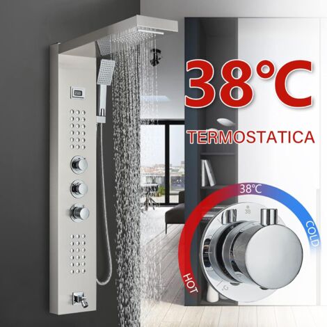 Colonne de Douche Hydromassante Thermostatique Acier inoxydable Nickel Brossé 5 Fonctions (cascade et tête de douche de pluie, douche de poche, jets de massage, bec de baignoire)