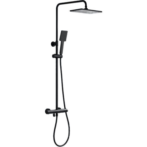 Colonne de Douche Kit avec Robinet Anti-brûlure Thermostatique, Noir Mitigeur de Douche avec Pomme de Douche 25x25cm, Douchette, Barre de Douche en Acier Inoxydable et PVC Flexible de Douche