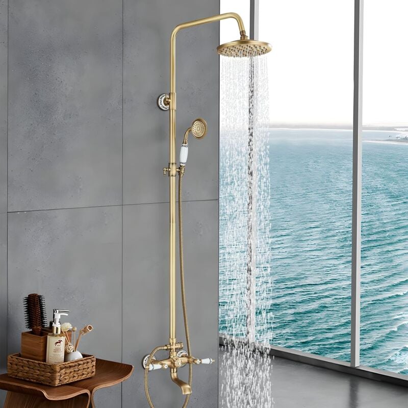 Suguword - Colonne de Douche Laiton Rétro Système de Douche Ensemble de Douche Set de Douche en Mitigeur pommeau de douche à effet pluie laiton 8