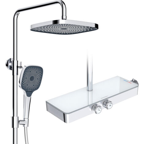 Colonne de douche mécanique avec thermostat – Douche pluie 26x26cm – 3 types de jets – Étagère en verre 36x14cm – Certifié KTW