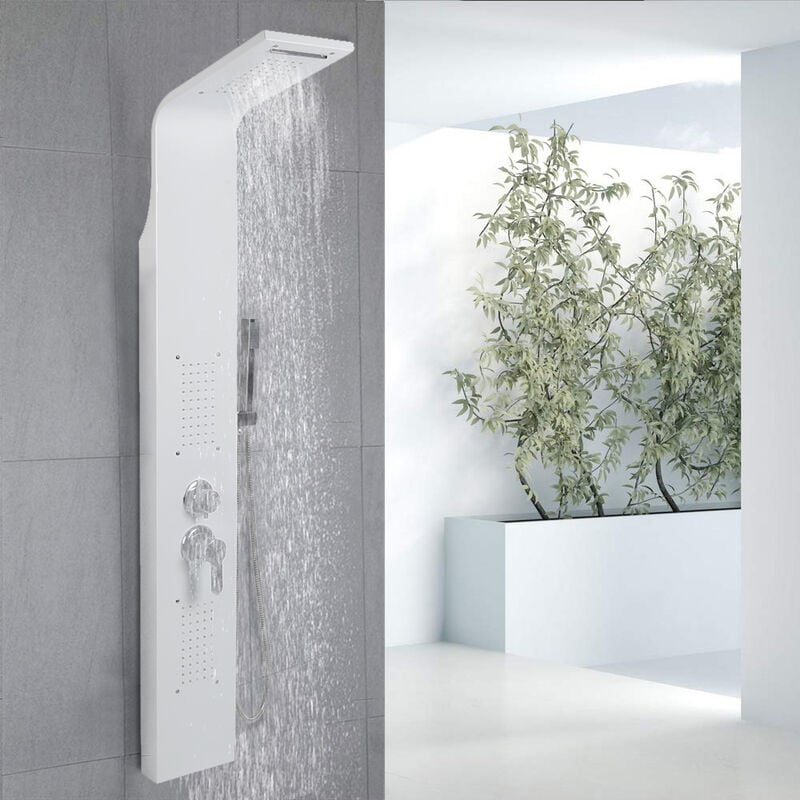 Colonne de Douche en Acier Inoxydable avec Jet de Massage, Buses de Massages et Douche Manuelle, pour Salle de Bain/Hôtel(Blanc)