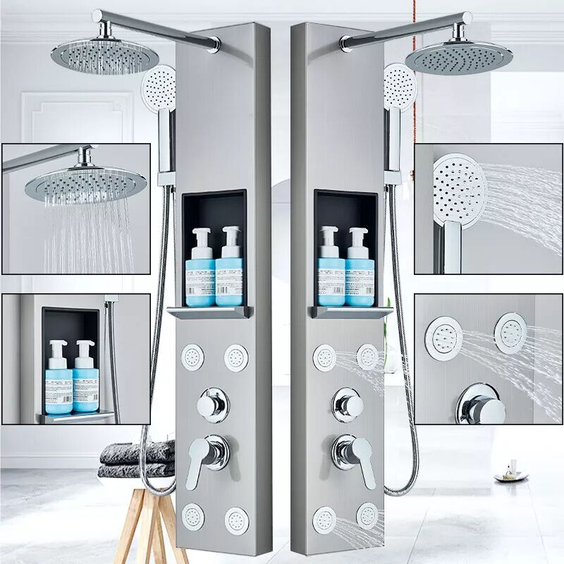 Colonne de Douche Hydromassante avec Buses Massants Colonne Douche Murale Multifonction Panneau de Douche avec étagère pour salle de bains en Acier