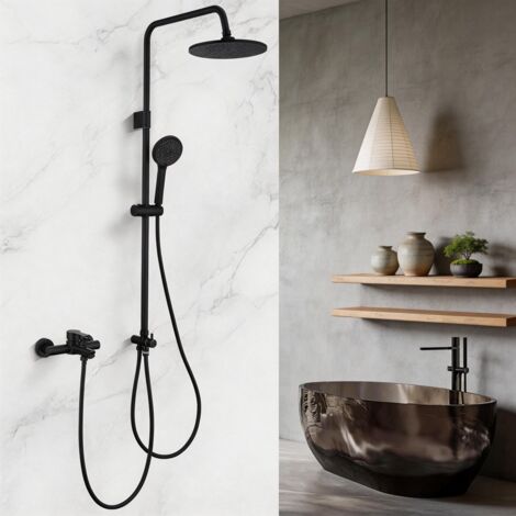 Colonne de Douche Noir avec Robinet de Baignoire, Douche de Tête et 4 Fonctions Douchette à Main, Hauteur Réglable 839-1164mm