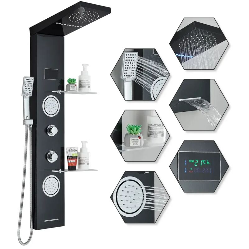 Colonne de Douche noir led en Acier Inox avec 2 Grandes Buses Massants - Douche à Effet Pluie - Douchette à Main - Étagère pour Les Articles Écran