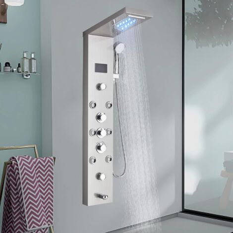 Colonne de Douche Panneau de Douche pour Salle de Bain Hydromassages 5 Jets Système de Douche panneau de douche multifonctionnel 4 Grandes Buses Massants Argent