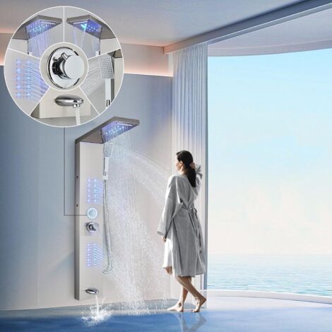 Colonne de douche, pommeau de douche cascade à effet de pluie à LED, bec de baignoire à jets de massage à grande surface, colonne de tour de douche en acier inoxydable pour salle de bain, nickel bross