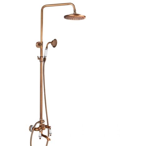 Colonne de douche rétro 150 cm – Finition or ancien – Pommeau haute 20 cm – Flexible PVC – Compatible baignoires rétro – Valaz
