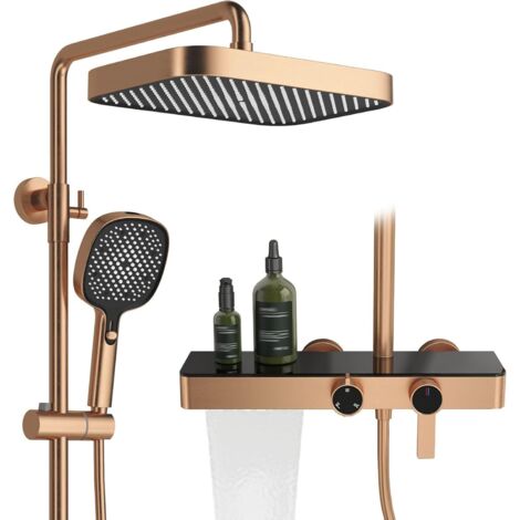 Colonne de Douche, RSS0562 Moderne Ensemble de Douche, 300x200mm Pomme de Douche, Système de Douche avec Table de Rangement, Robinet de Baignoire Cascade, Cuivre 59A, Hauteur Réglable
