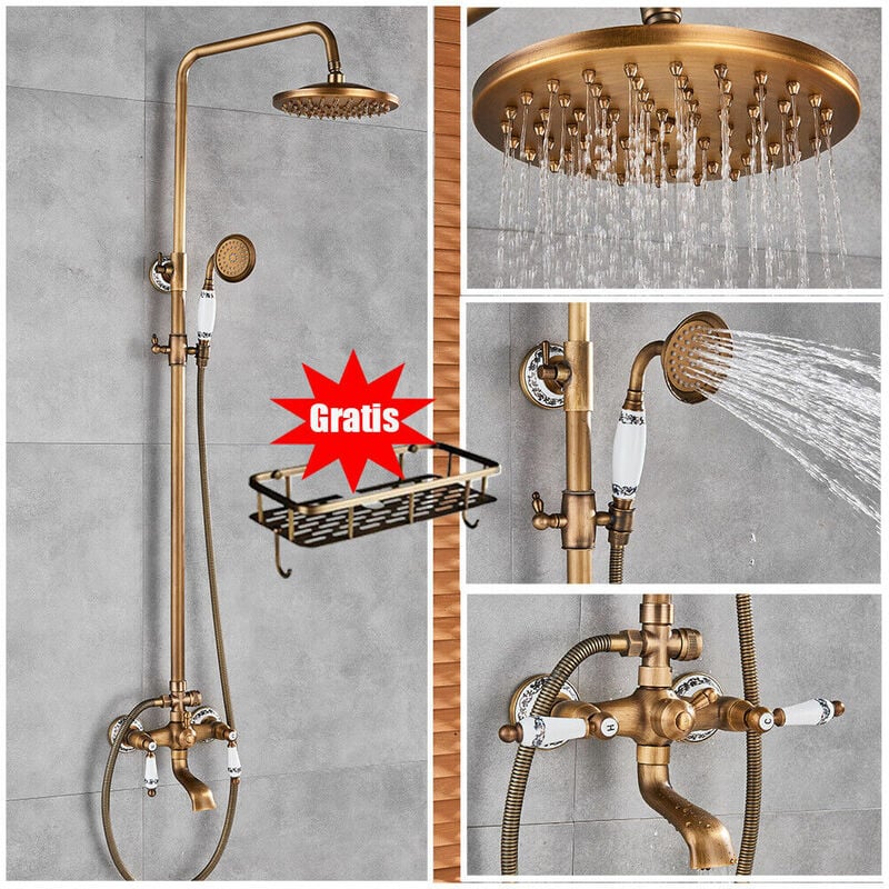 Colonne de douche Rétro avec Étagère avec Mitigeur antique réglable en hauteur Système de douche en laiton doré 3 modes de douche avec tablette Zamery