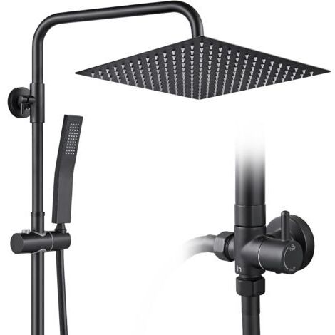 Colonne de Douche Sans Mitigeur Noir Mat en Laiton, Colonne Télescopique 68-108cm avec Tête de Douche Carrée 12", Douchette Carrée et Flexible PVC, pour Baignoire et Salle de Bain