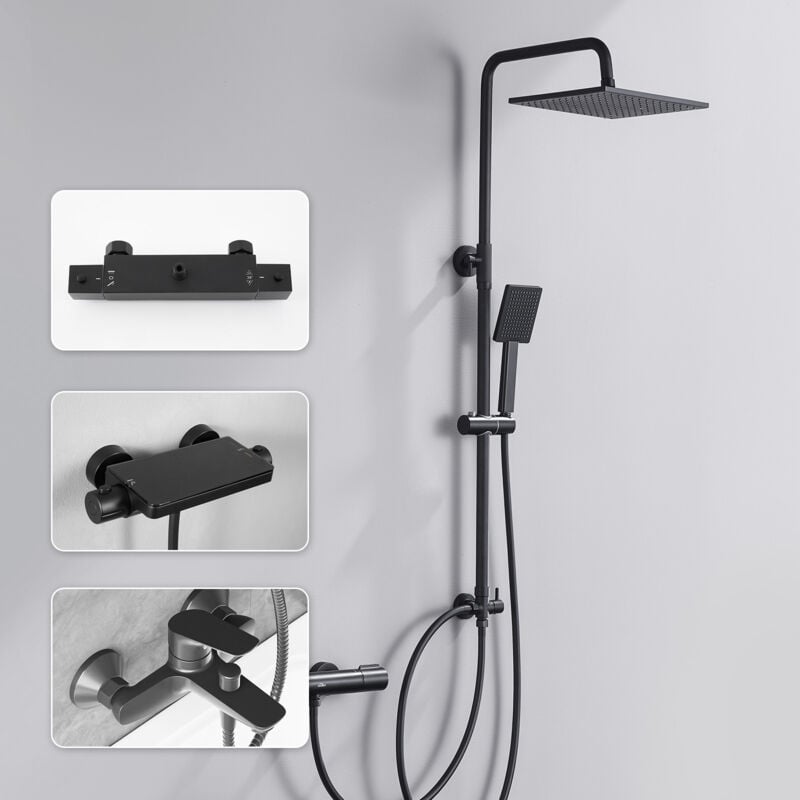 Colonne de douche sans mitigeur,kit complet de douche à effet pluie,pommeau de douche de 25.4x 25.4cm et douchette, barre de douche,Noir