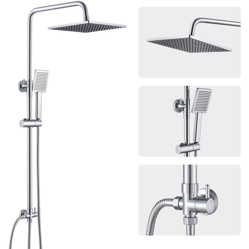 Colonne de douche sans mitigeur,kit complet de douche à effet pluie,pommeau de douche de 25.4x 25.4cm et douchette, barre de douche,chromé