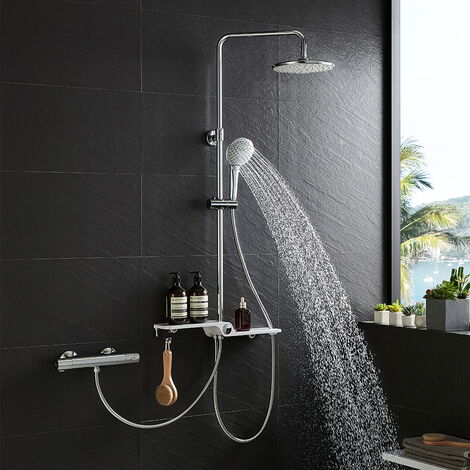 Colonne de Douche sans Robinetterie Ensemble de douche Hydromassante avec Douchette à 3 Modes et Pommeau de Douche Ronde et Étagère Système de douche Mural pour Baignoire Salle de Bain