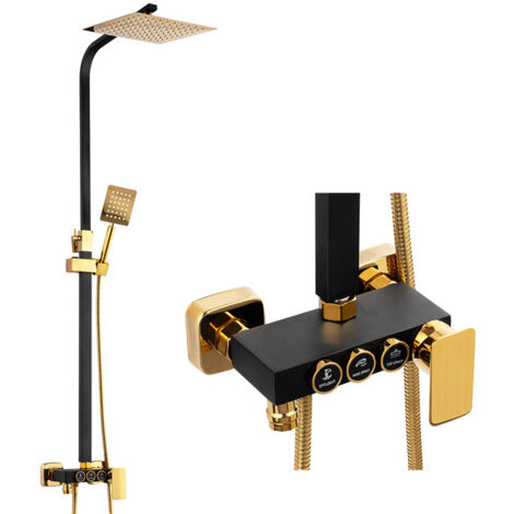 Desconocido – Colonne de douche encastrée noire et dorée – Mitigeur réglable en hauteur – Douche à effet pluie carrée – Laiton résistant à la corrosion