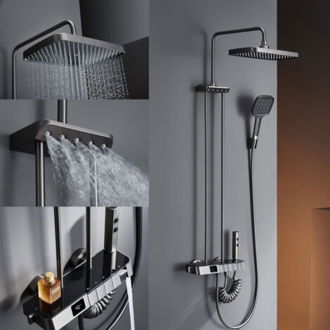 Colonne de Douche Thermostatique, 12in/310mm 5 Fonctions Ensemble de Douche, Buse de Massage, 3 Douchette, Pistolet à Peinture, Robinet de Baignoire Caché, Affichage Numérique (Gris Pistolet)