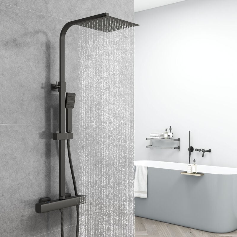 Aica Colonne de Douche Thermostatique 2 Fonctions Ensemble de Douche avec Tête de Douche de 10 pouces, Hauteur Réglable 76-118 cm, Noir