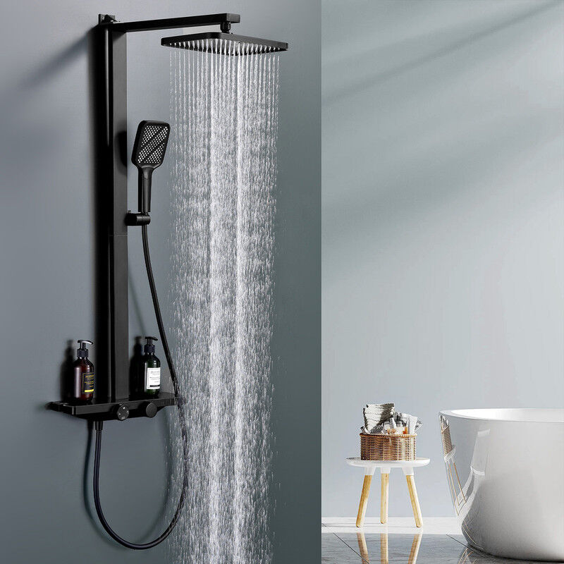 Colonne de Douche Thermostatique 38°C Noir, Kit de Douche 3 Fonctions avec Sortie en Cascade, Double Commande & Étagère de Rangement