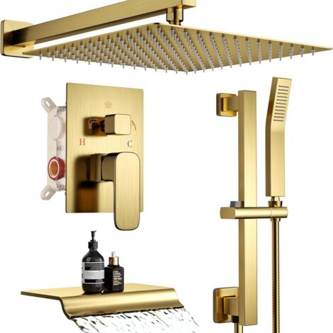 Colonne de Douche Thermostatique à Encastrer Kit de Douche Encastré avec Pommeau Grande Pluie Ensemble de Douche Encastrable Corps en Laiton Dore