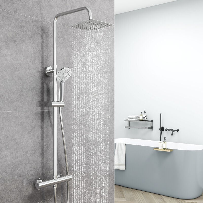 Aica Colonne de douche thermostatique, Acier inoxydable Pomme 200mm+Douchette 3 jets, Chromé