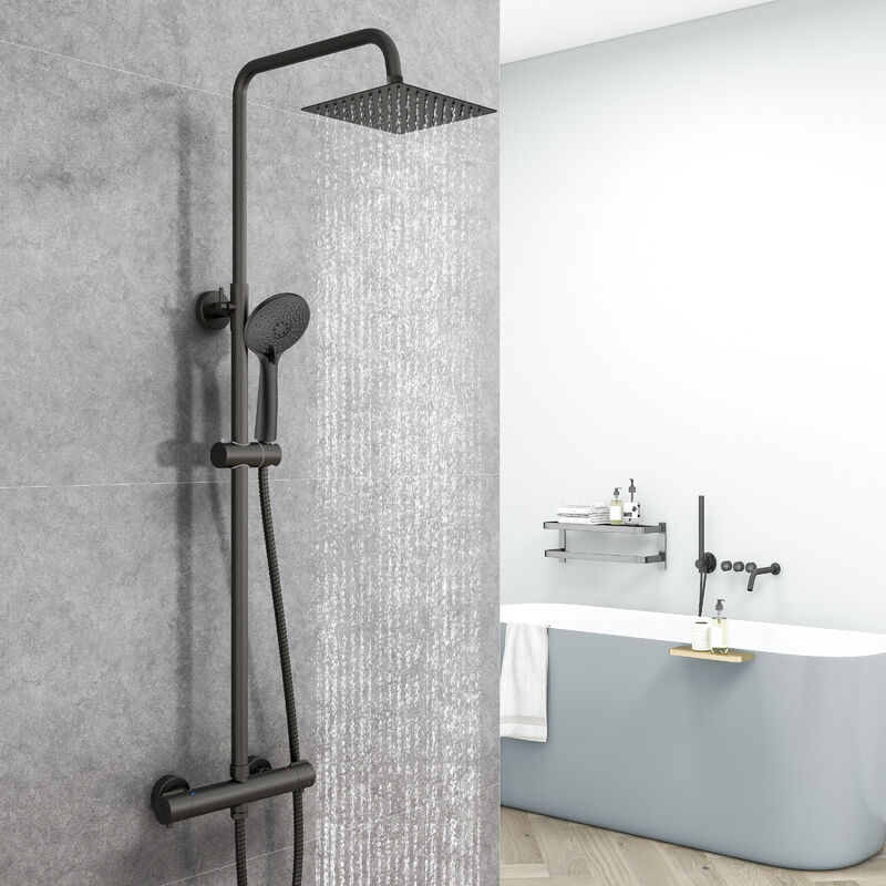 Aica Sanitaire - aica Colonne de douche thermostatique, Acier inoxydable Pomme 200mm+Douchette 3 jets, Noir