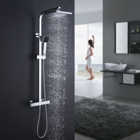 Auralum – Colonne de douche thermostatique – Finition chrome – Mitigeur réglable – Douche de tête 20x20 cm – Flexible 1.5 m – Protection contre brûlures