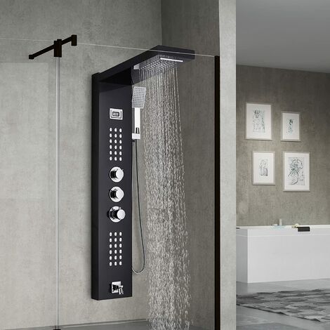 Colonne de douche thermostatique avec douche fixe massage Sortie baignoire Panneau douche Display LCD température Colonne douche hydromassage noir