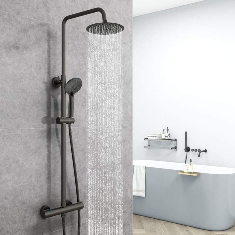 Aica colonne de douche thermostatique noir élégant, avec douchette, pommeau de tête pluie, ensemble de douche en acier inoxydable