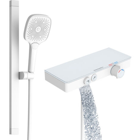 Colonne de douche thermostatique avec étagère en verre – Douchette à main 3 jets – Barre en aluminium 600mm – Finition blanche mate