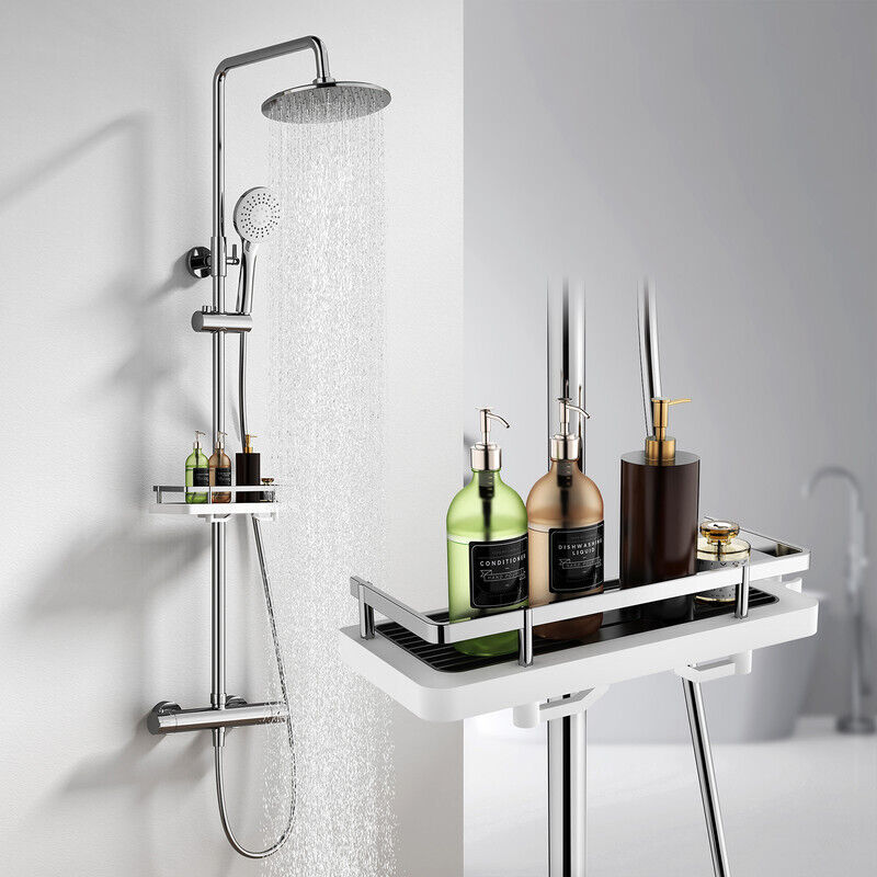 Colonne de Douche Thermostatique avec Étagère, Ensemble de Douche avec Douchette 3 Jets, Réglable en Hauteur(940-1200mm), Chromé