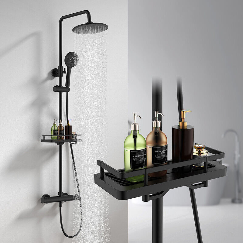 Homelive - Colonne de Douche Thermostatique avec Étagère, Hauteur Réglable(1010-1260mm), Sans Perçage Supplémentaire, Douchette 3 Fonctions,Noir