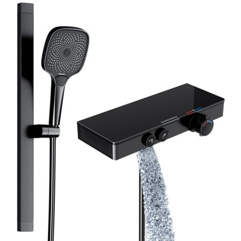 Colonne de douche thermostatique avec mitigeur – Douchette à main 3 jets – Barre en aluminium 600 mm – Plateau en verre noir mat 36x14 cm