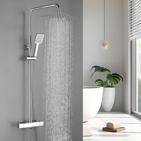 Colonne de Douche Thermostatique avec Mitigeur, Ensemble de Douche pour Salle de Bain, Carrée Système de Douche avec Pommeau de Douche, ABS Douche à Main, Réglable en Hauteur, Chromé