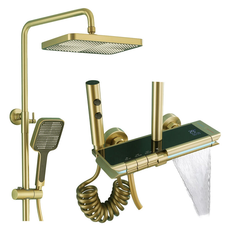 Colonne de Douche Thermostatique Or Brossé led Système de Douche Affichage Numérique Kit de Douche Réglable Hauteur Ensemble Douche avec Mitigeur,