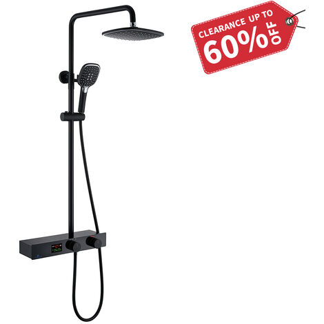 Colonne de Douche avec Plateau de Rangement Ensemble de Douche Écran LCD Affichage Digital Température et Temps Kit de Douche Noir Hauteur Réglable