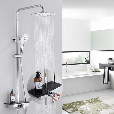 Colonne de Douche Thermostatique avec Plateau de Rangement Ensemble de Douche Douchette 3 Jets Set de Douche Réglable en Hauteur