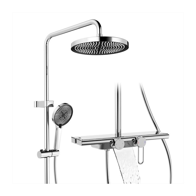 Colonne de douche Chaude et Froide avec Plateau Ensemble de Douche de Rangement Douchette 5 Jets Set de Douche Chromé