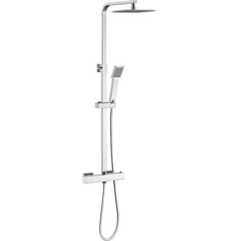 Colonne de douche thermostatique avec pomme de tête, douchette et flexible,effet chromé,Carré, hauteur réglable 73-115cm, AICA