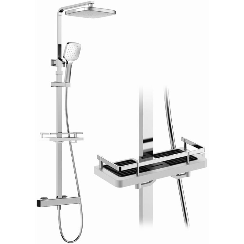 Colonne de Douche Thermostatique Chromée 38°C, avec Étagère Intégrée, Hauteur Réglable 1010–1260 mm, Installation Sans Percement, Douchette 3 Jets,