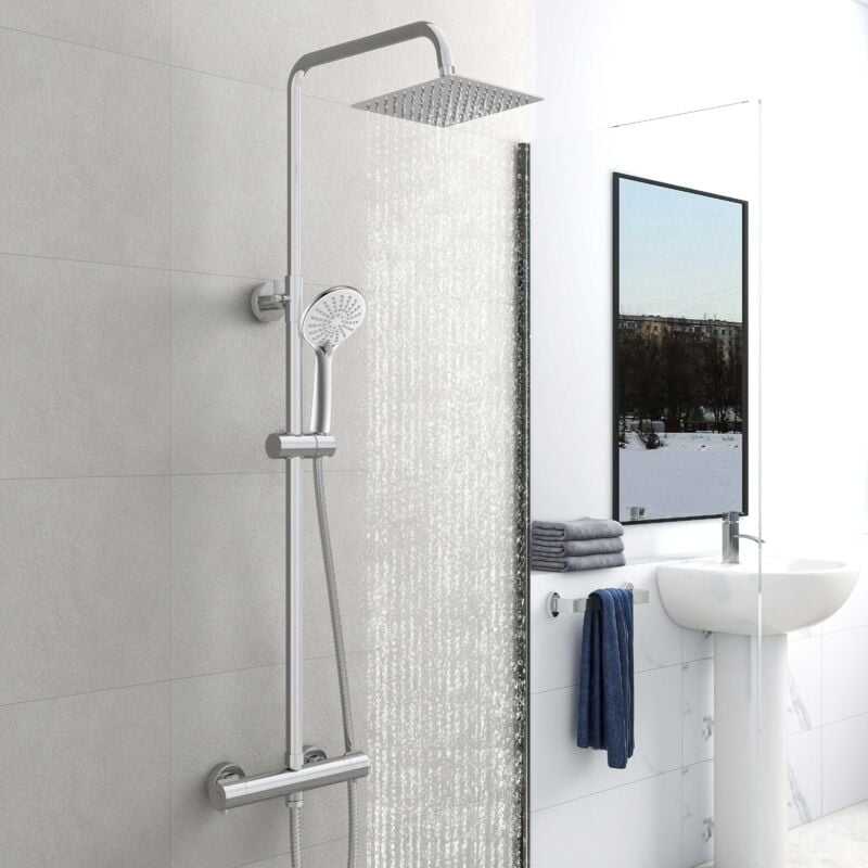 Aica Sanitaire - aica Colonne de douche thermostatique chromée, avec douche de tête carrée, ensemble de douche en acier inoxydable, douchette à main