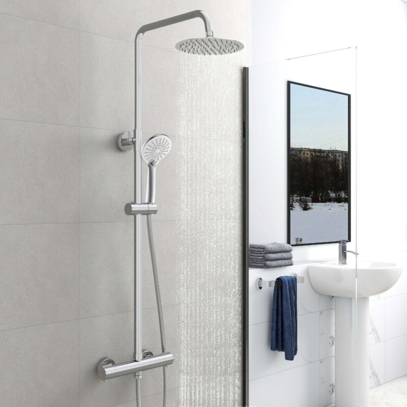 Aica Colonne de douche thermostatique chromée, avec douche de tête ronde et douchette à main réglable en plusieurs modes