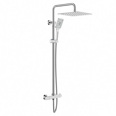 Colonne de douche thermostatique chromée – Douche pluie carrée 30 x 30 cm en acier inoxydable – Tuyau flexible 180 cm pour installation murale