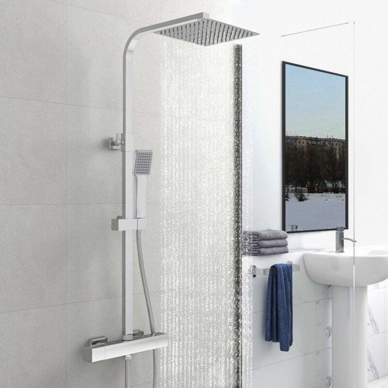 Aica Sanitaire - aica Colonne de douche thermostatique chromée, grande douche de tête carrée de 25 cm de côté, douchette à main réglable en hauteur,