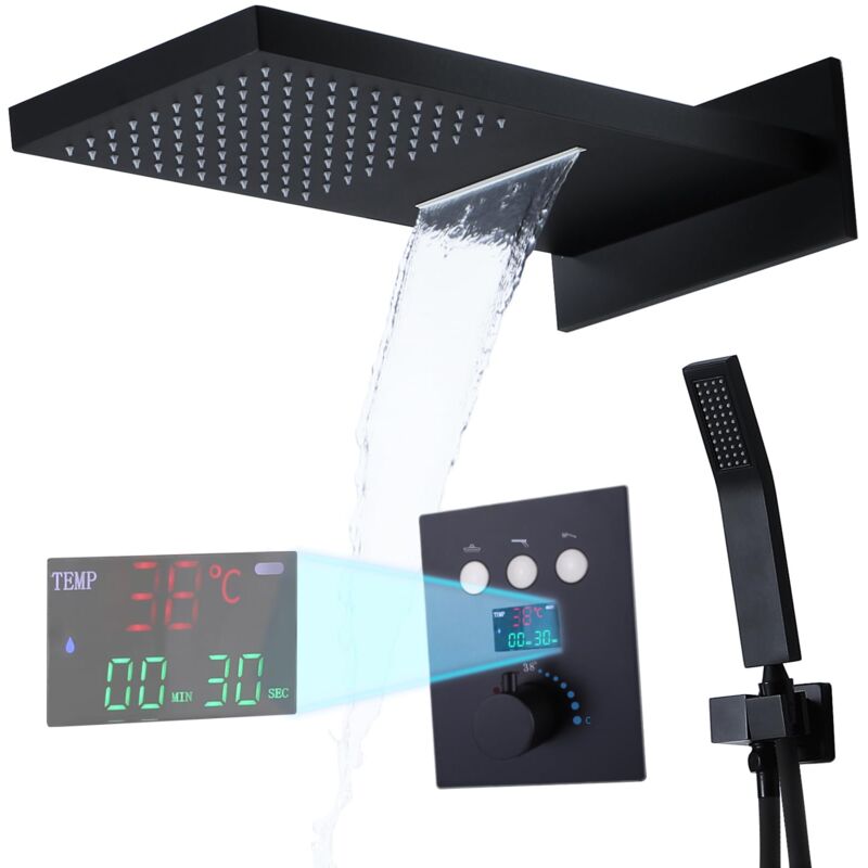 Colonne de Douche Thermostatique - Colonne de Douche Encastrable - Affichage Digital - Douchette à Main - Noir - Oihpaw