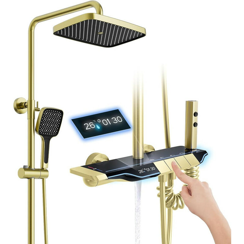 Colonne de Douche Thermostatique Doré Systeme de Douche Piano avec éclairage d'ambiance led, Ensemble de Douche Mitigeur Hauteur Réglable avec Douche