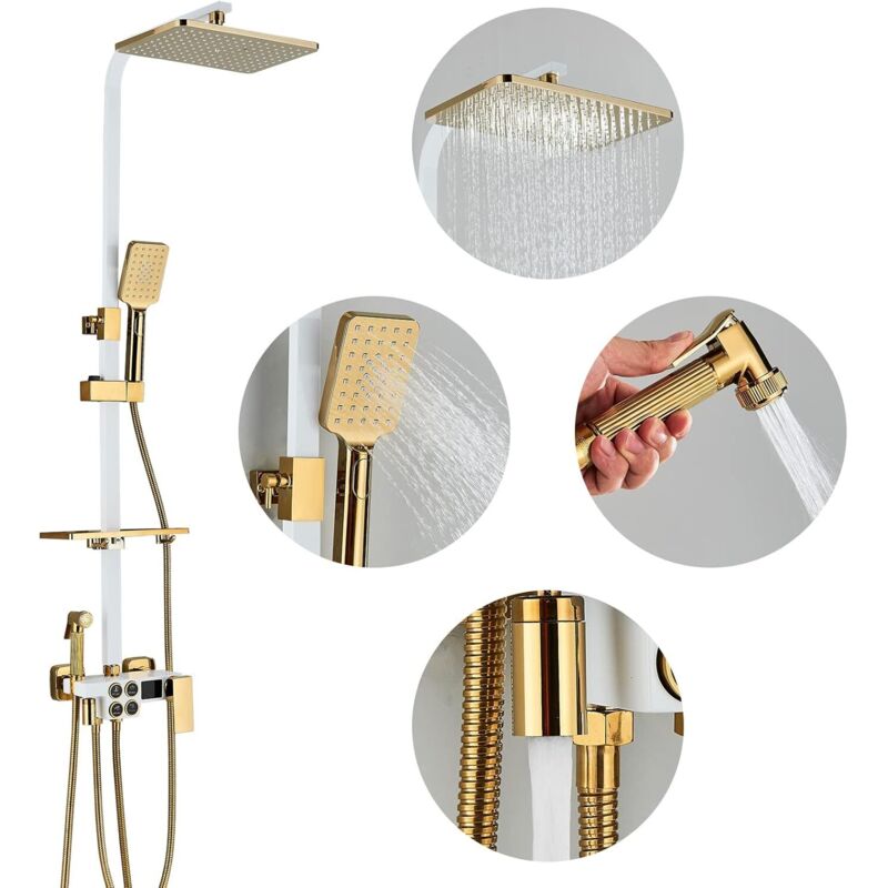 Colonne de Douche Dorée+ Blanc avec Mitigeur 38°C,Ensemble de Douche avec 4 Fonctions Hauteur RéGlable,Système de Douche à tête Carréeavec Douchette
