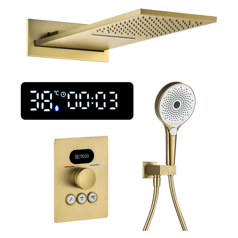 Colonne de Douche Thermostatique Douche Encastrable Affichage Numérique Colonne de Douche Encastrable Or Brossé Ensemble de Douche avec 3 Fonctions