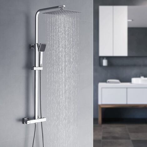 Colonne de douche thermostatique effet pluie – Pomme carrée 25x25cm – Acier inoxydable mat – Douchette à main avec flexible 150cm – Verrouillage sécurité 38°C
