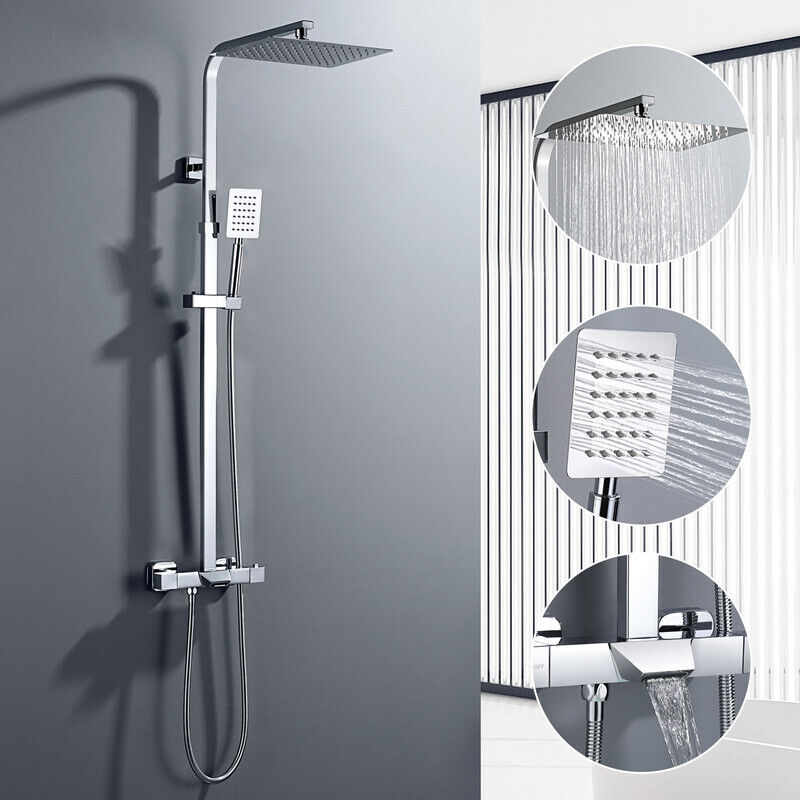 Colonne de Douche Thermostatique en Acier Inox, Haute Réglable 98-129 cm, Pomme haute 30x20 cm, Baignoire / Salle de bain