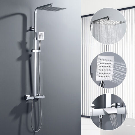 Auralum – Colonne de douche thermostatique en acier inox – Réglable 98-129 cm – Pomme haute carrée 30x20 cm – Mitigeur avec verrouillage de sécurité
